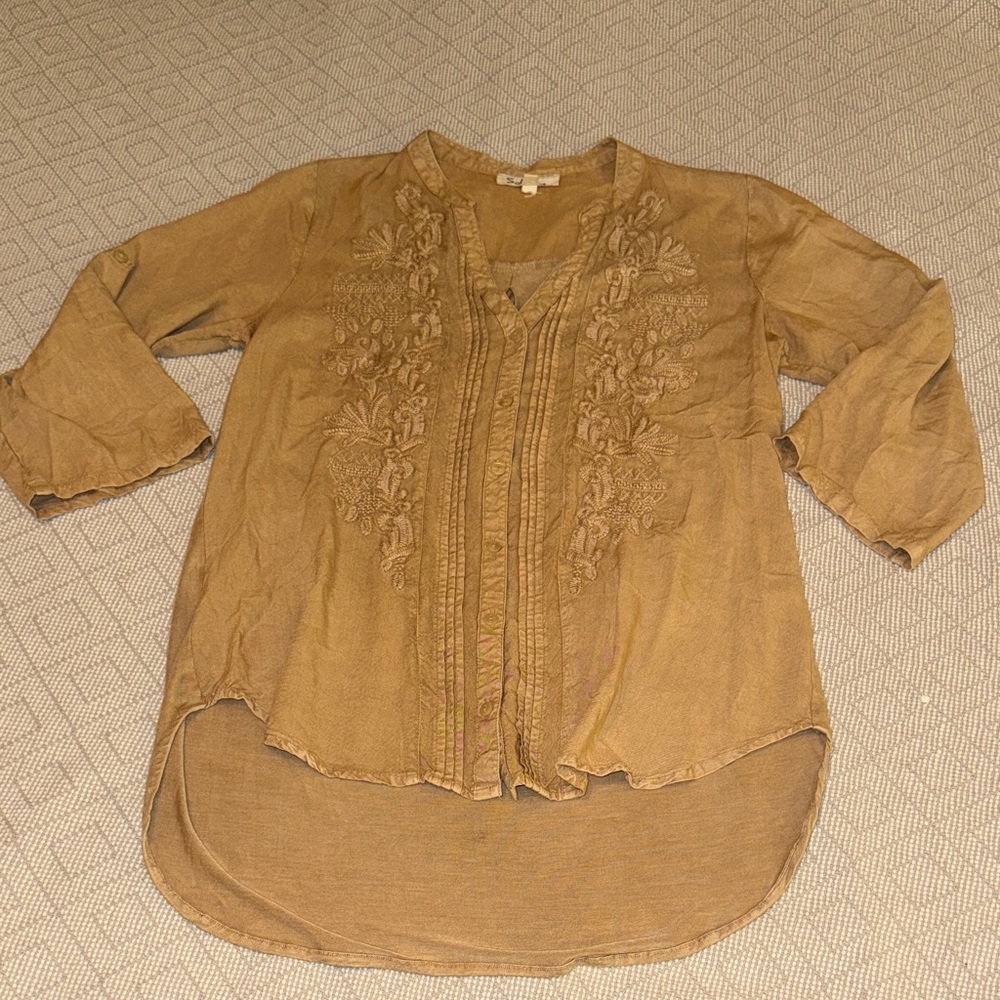 Solitaire Boho Embroidered Long Tunic Top - Tan Carmel Brown